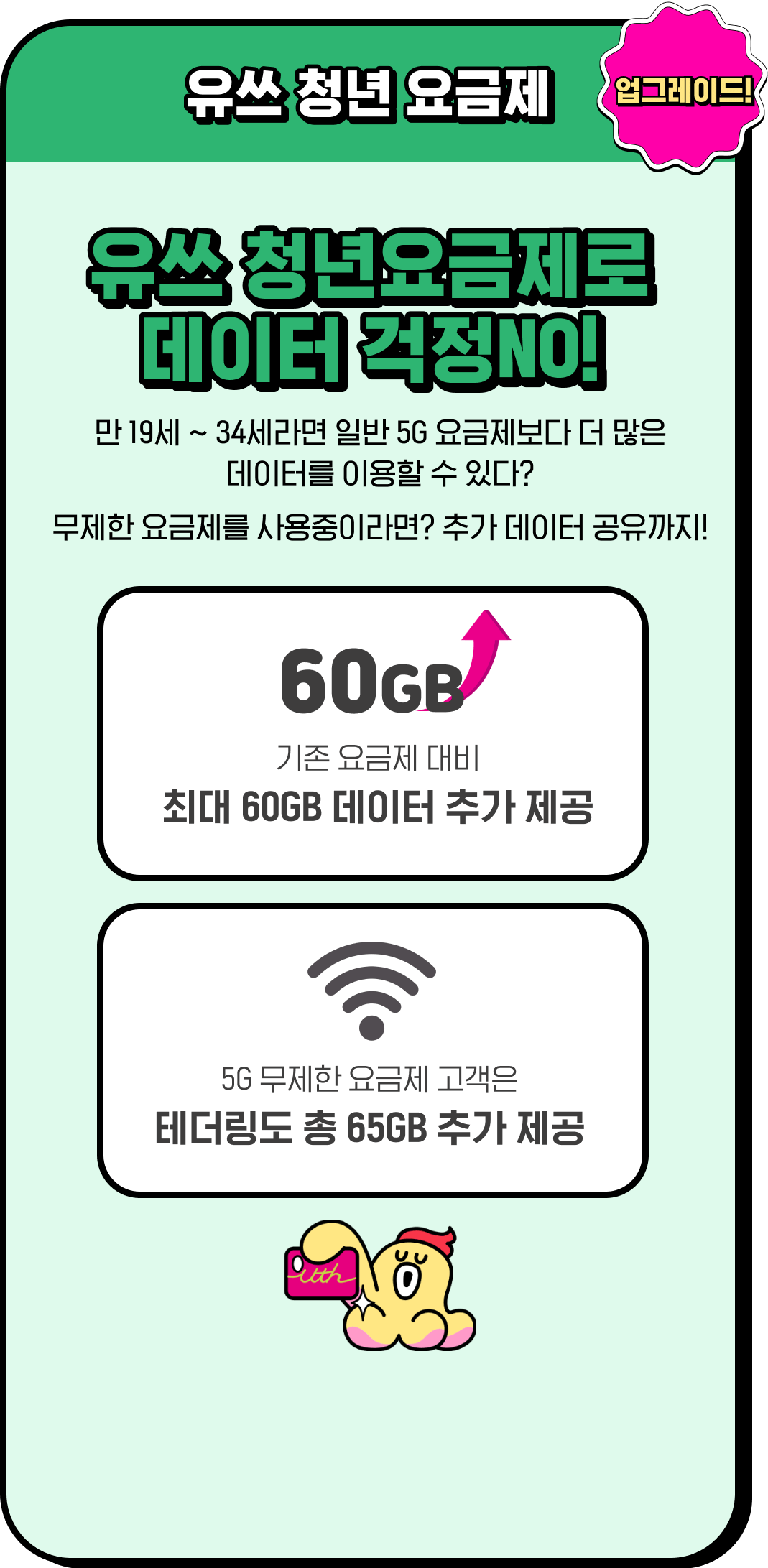 유쓰 청년 요금제 업그레이드! / 유쓰 청년 요금제로 데이터 걱정 NO! / 만 19세 ~ 34세라면 일반 5G요금제보다 더 많은 데이터를 이용할 수 있다? 기본 제공 데이터 내에서 공유데이터를 최대 65GB까지 이용 가능! / 60GB - 기존 요금제 대비 최대 60GB 데이터 추가 제공 / 유쓰라면, 기본 제공 데이터 내에서 테더링/쉐어링 구분 없이 공유데이터 최대 65GB